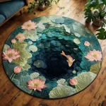 Round Pink Floral Shabby Chic Rug, Non-Slip