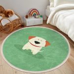 Green Patterned Dog Printed Kids Room Round Rug, Nursery Room Cute Dog - Image 3