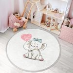Nursery Elephant Patterned Round Rug, Kids Room Area Rug, Cute
